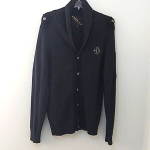 Helix Cardigan Sweater Men's XL Cowl Neck Military Black Front Button Up Epaulet